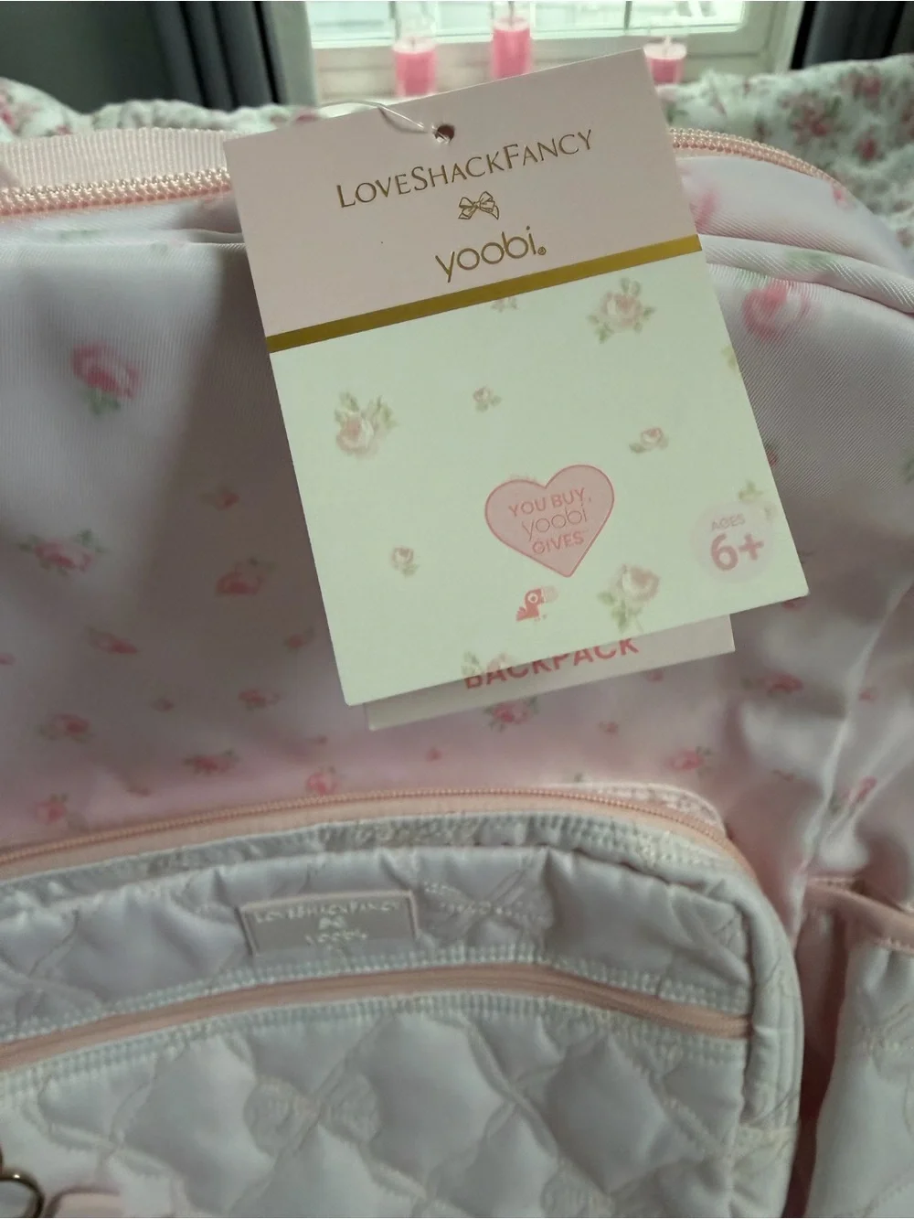 LoveShackFancy Pink Floral Quilted Backpack with Gold Accent Tag